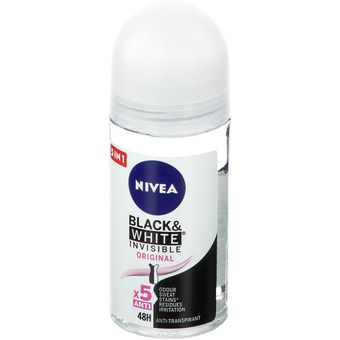 Roll-on deodorant met witte dop. Opschrift: NIVEA Black & White Invisible Original. 5-in-1 anti-transpirant.