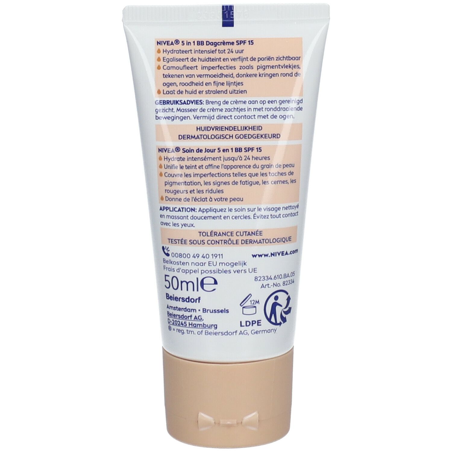 Rückseite der Tube. Text: NIVEA 5 in 1 BB Dagcrème SPF15, Gebrauchsanweisung, dermatologisch getestet. 50ml.