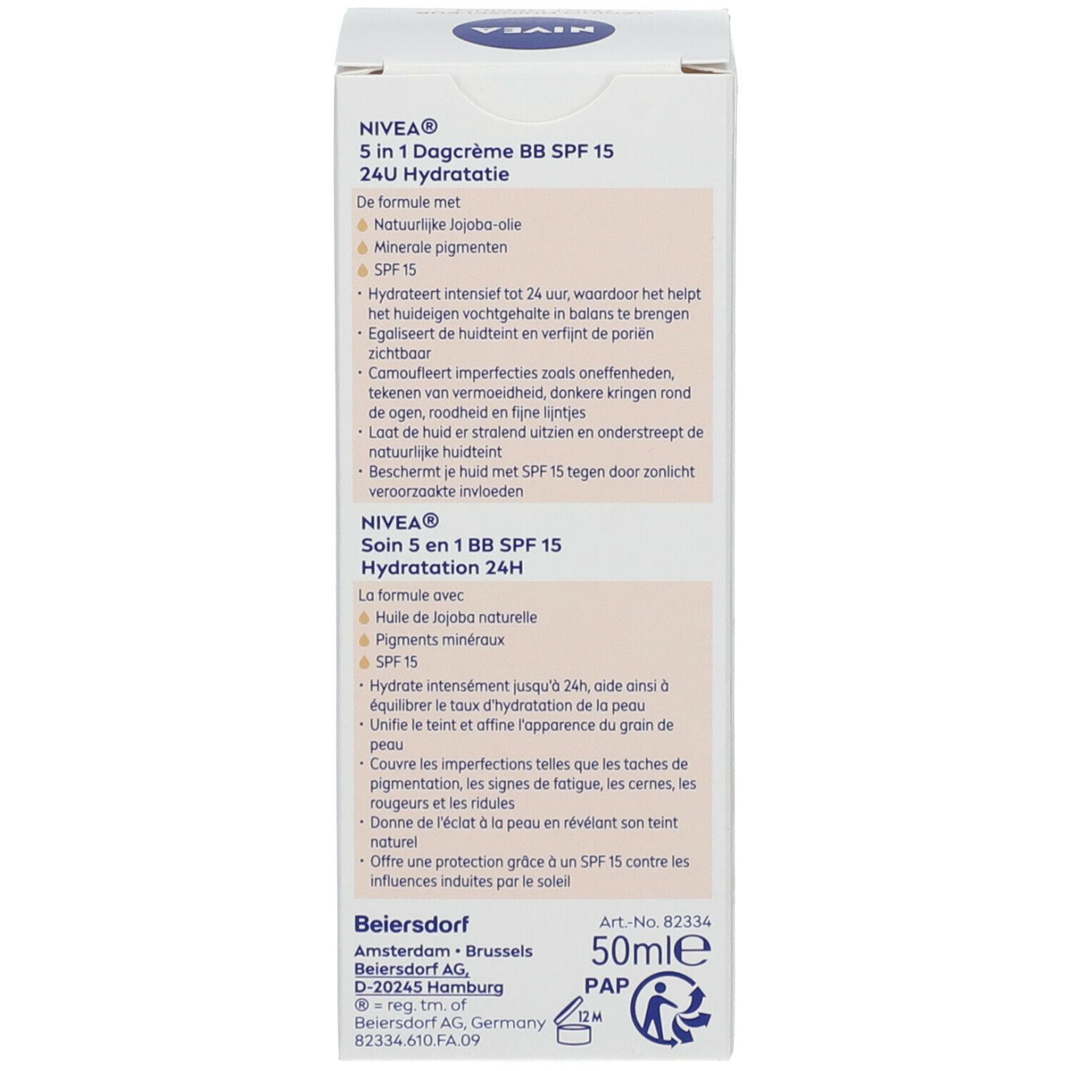 Schachtel, Text: NIVEA 5 in 1 Dagcrème BB SPF15, Inhaltsstoffe, Gebrauchsanweisung, dermatologisch getestet. 50ml.