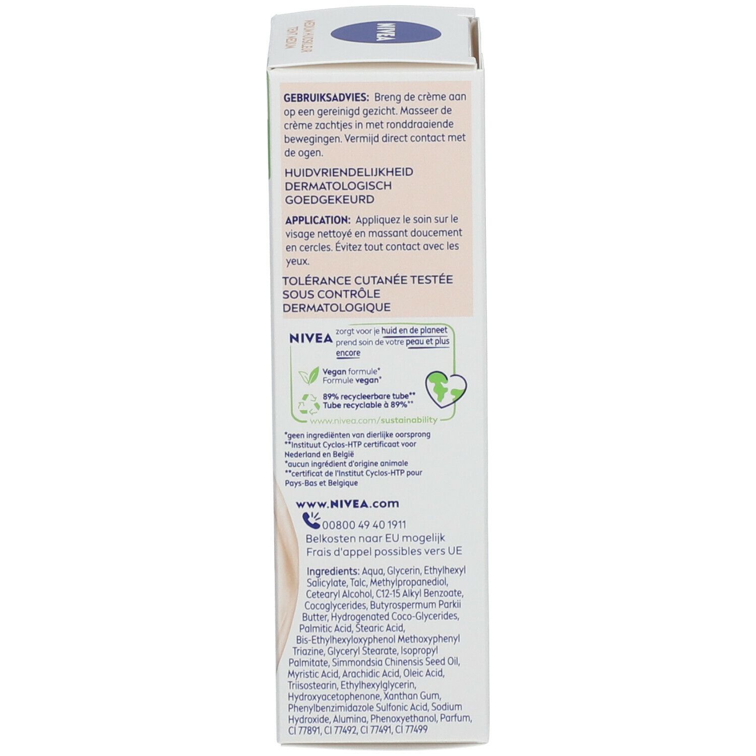 Schachtel, Text: Gebrauchsanweisung, dermatologisch getestet, Inhaltsstoffe, Vegan-Logo, 50ml.