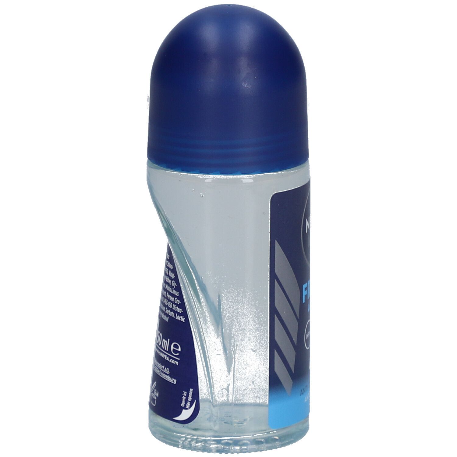 Roll-on NIVEA MEN Fresh Active. Vue latérale. Flacon bleu transparent avec bouchon bleu. Étiquette avec texte.