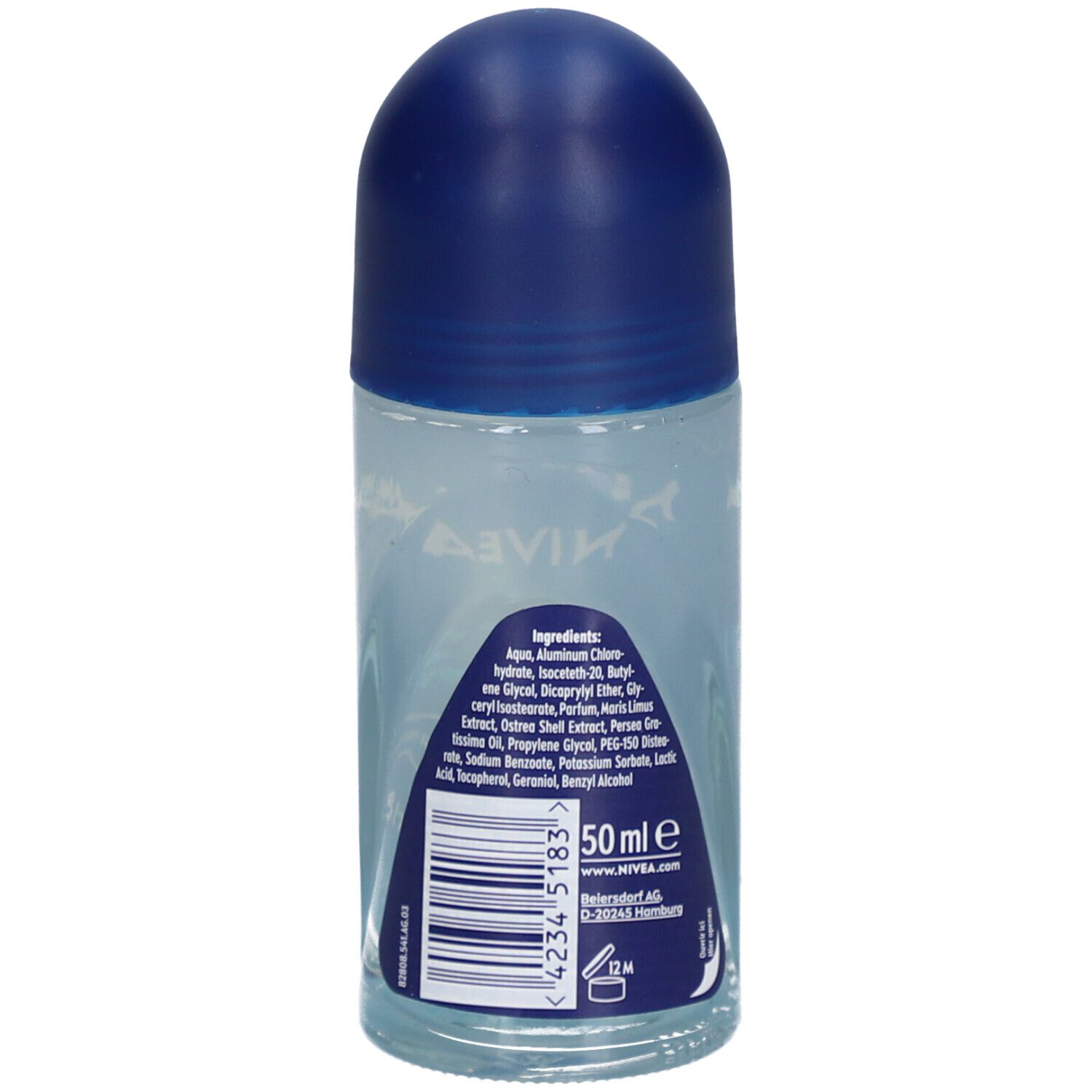 Roll-on NIVEA MEN Fresh Active. Vue arrière. Flacon transparent avec liste des ingrédients et code-barres.
