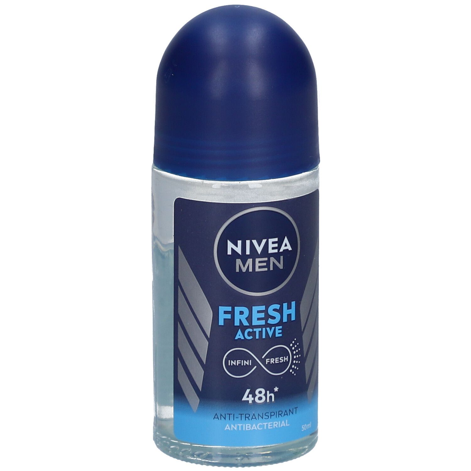 Roll-on NIVEA MEN Fresh Active. Flacon bleu transparent avec bouchon bleu. Nom du produit et caractéristiques.