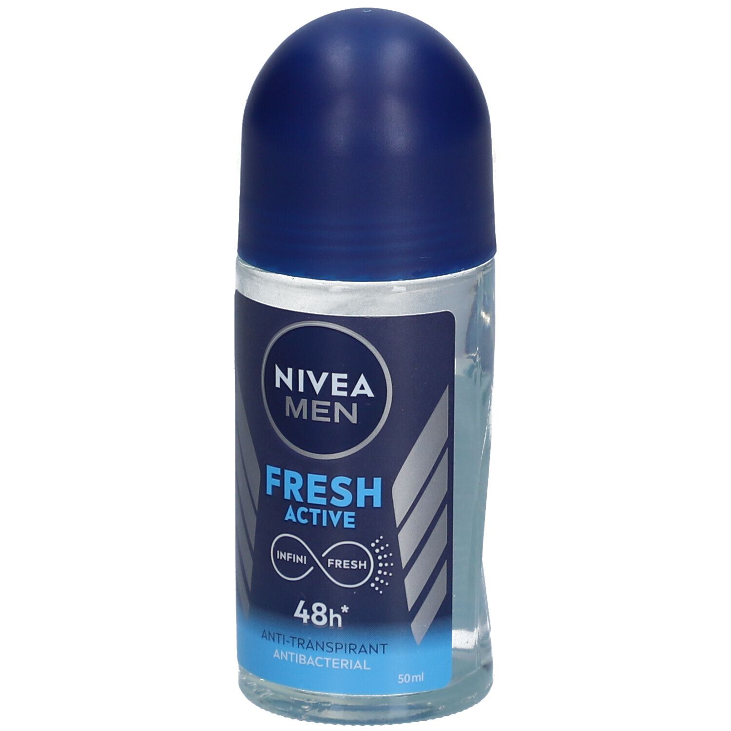 Roll-on NIVEA MEN Fresh Active. Flacon bleu transparent avec bouchon bleu. Nom du produit et caractéristiques.
