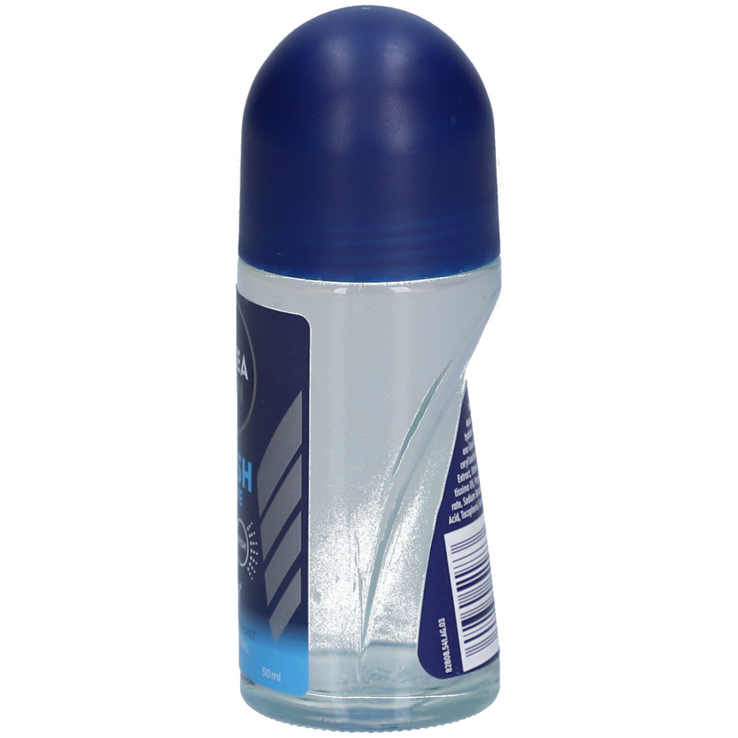 Roll-on NIVEA MEN Fresh Active. Vue latérale. Flacon bleu transparent avec bouchon bleu. Étiquette avec texte.