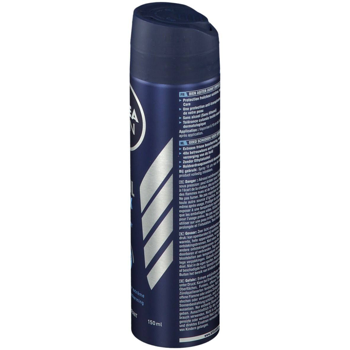 Blaue Sprühdose. NIVEA MEN COOL KICK. Text und Logos in Weiß und Silber. Produktinformationen auf der Seite.