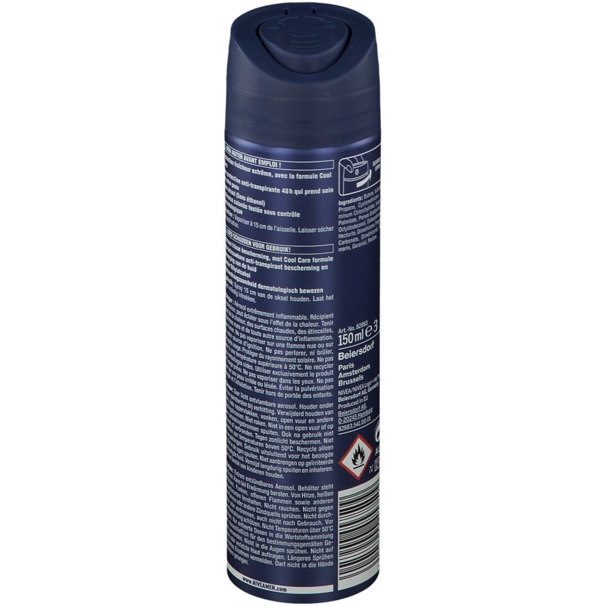 Blaue Sprühdose. NIVEA MEN COOL KICK. Produktinformationen und Warnhinweise auf der Seite. 150ml.