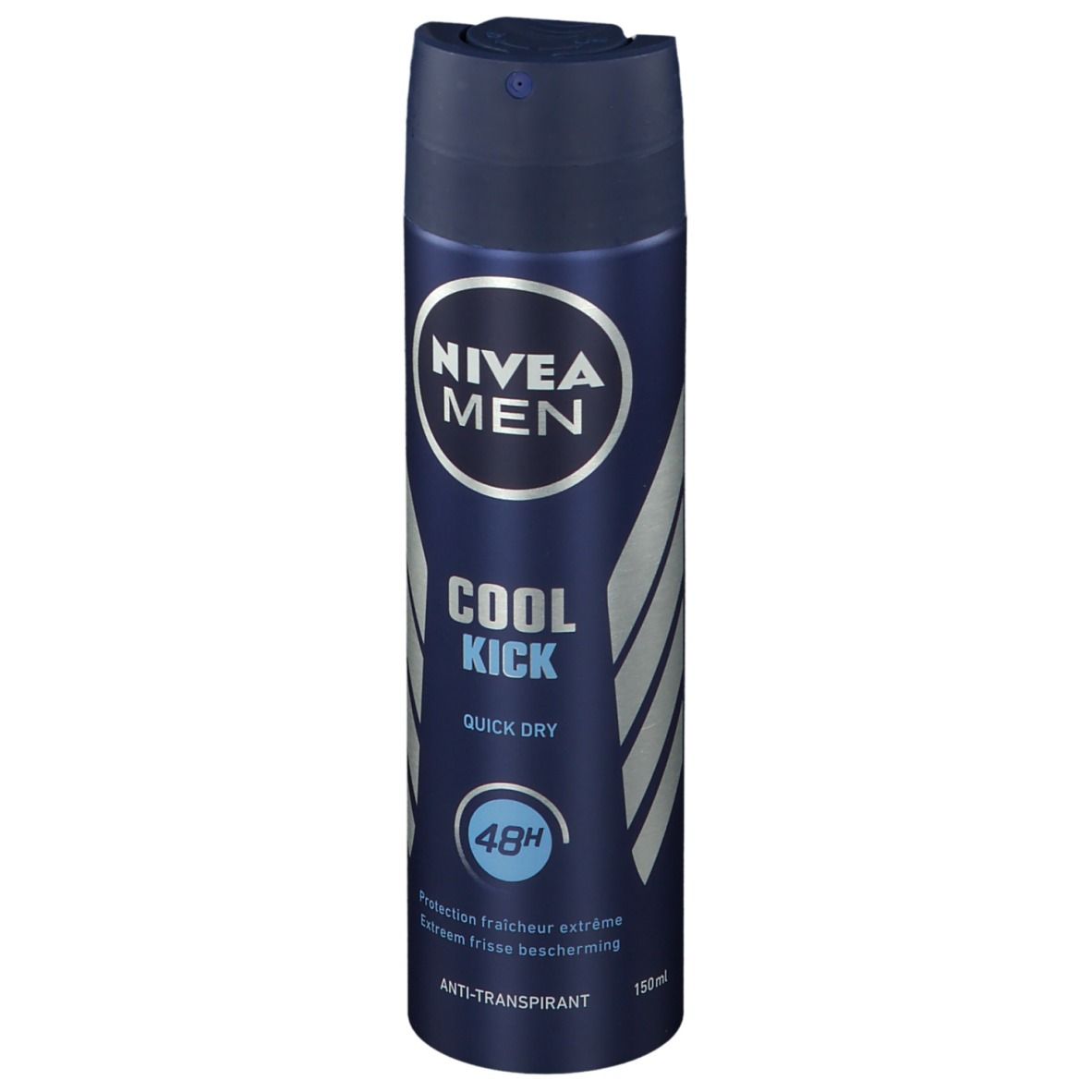 Blaue Sprühdose. NIVEA MEN COOL KICK, Quick Dry, 48H. Anti-Transpirant. Aufschrift in Weiß und Blau.