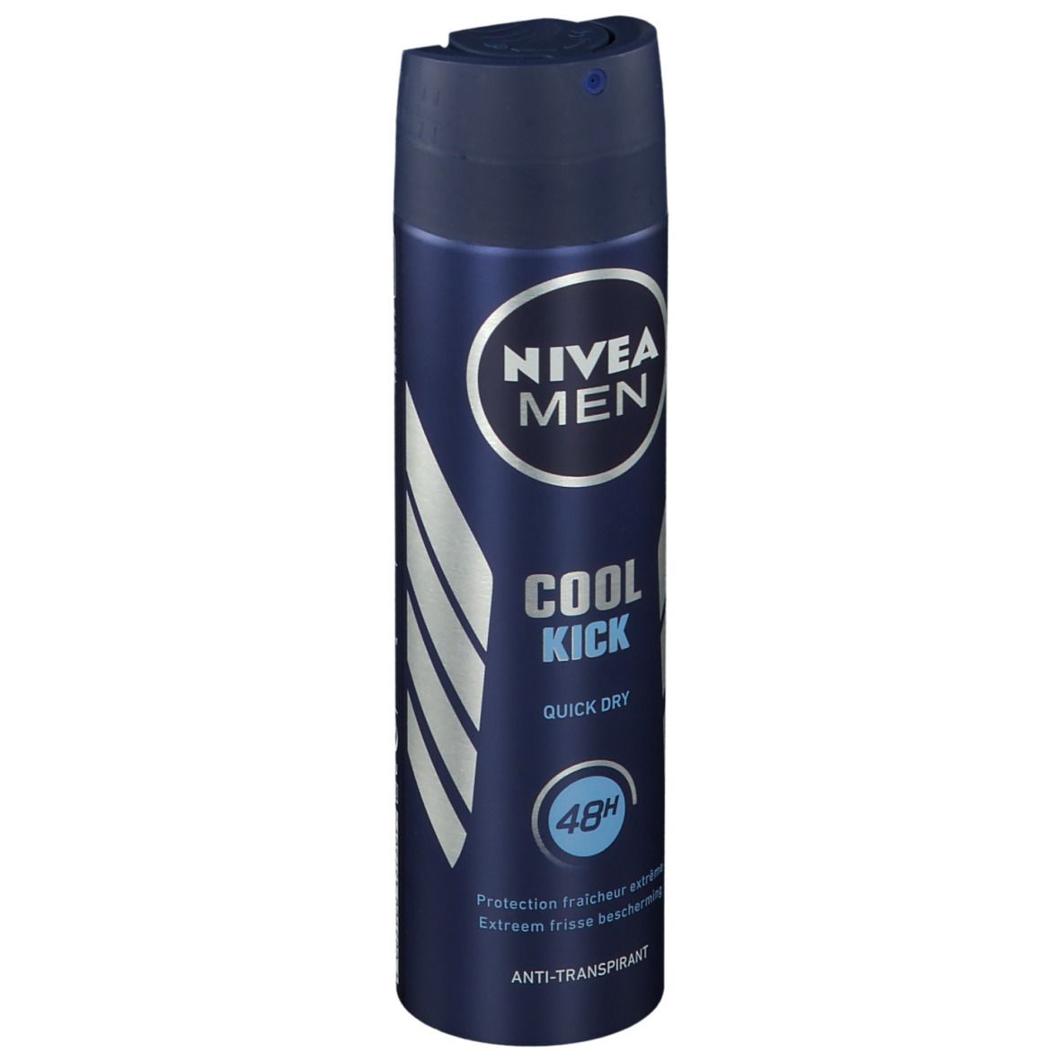 Blaue Sprühdose. NIVEA MEN COOL KICK, Quick Dry, 48H. Anti-Transpirant. Aufschrift in Weiß und Blau.