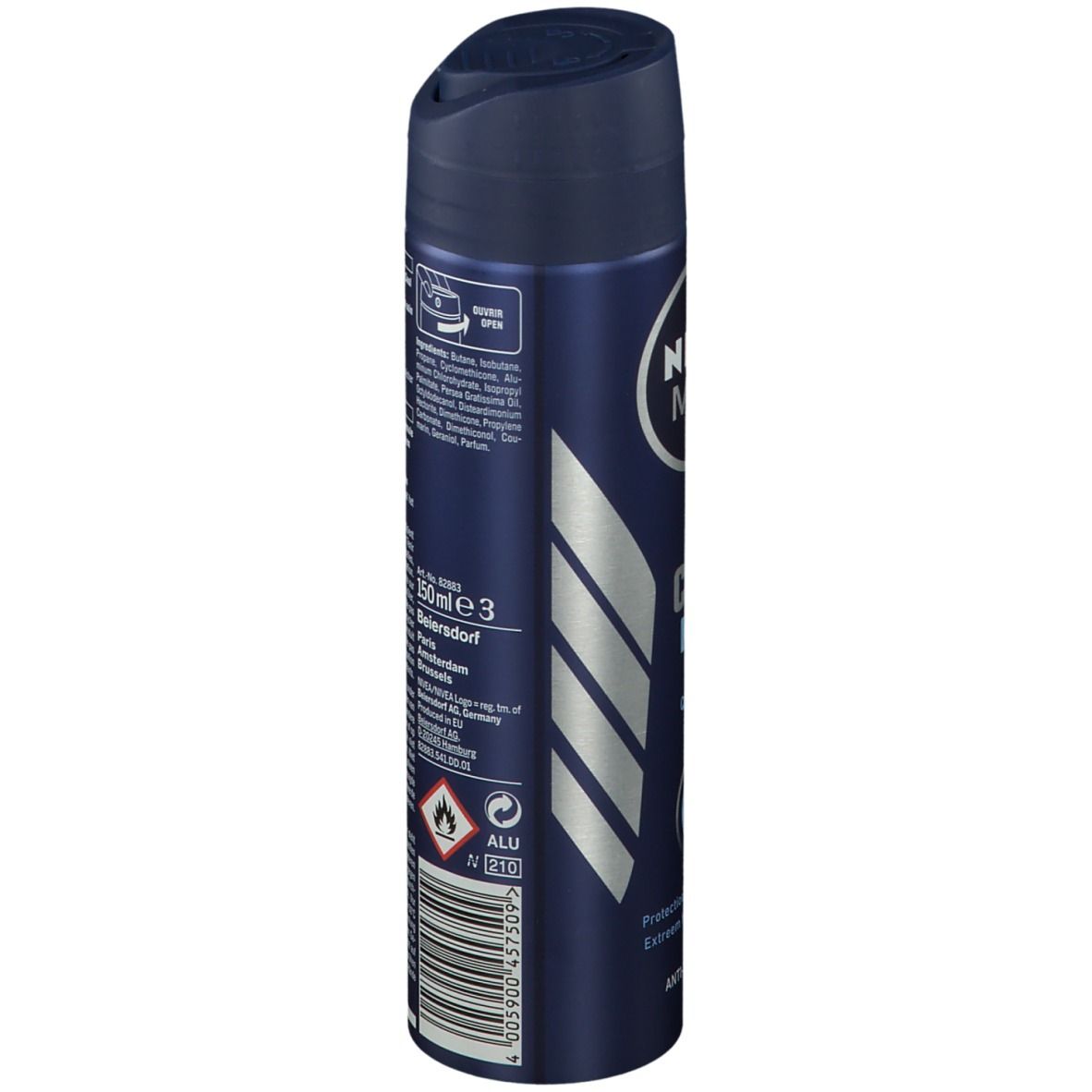 Blaue Sprühdose. NIVEA MEN COOL KICK. Produktinformationen und Warnhinweise auf der Seite. 150ml.