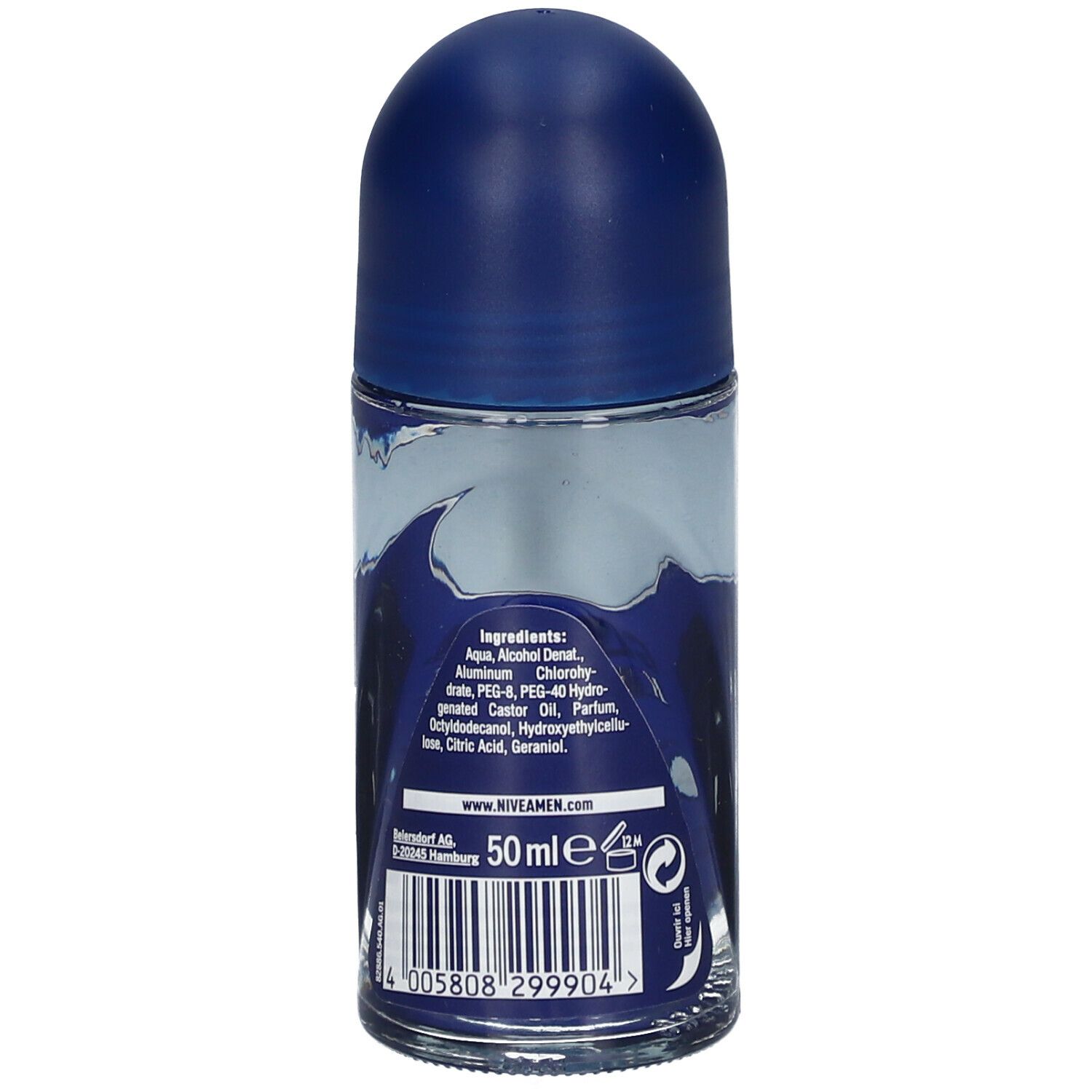 Dos du roll-on. Contient des ingrédients. 50ml. Code-barres et informations fabricant.