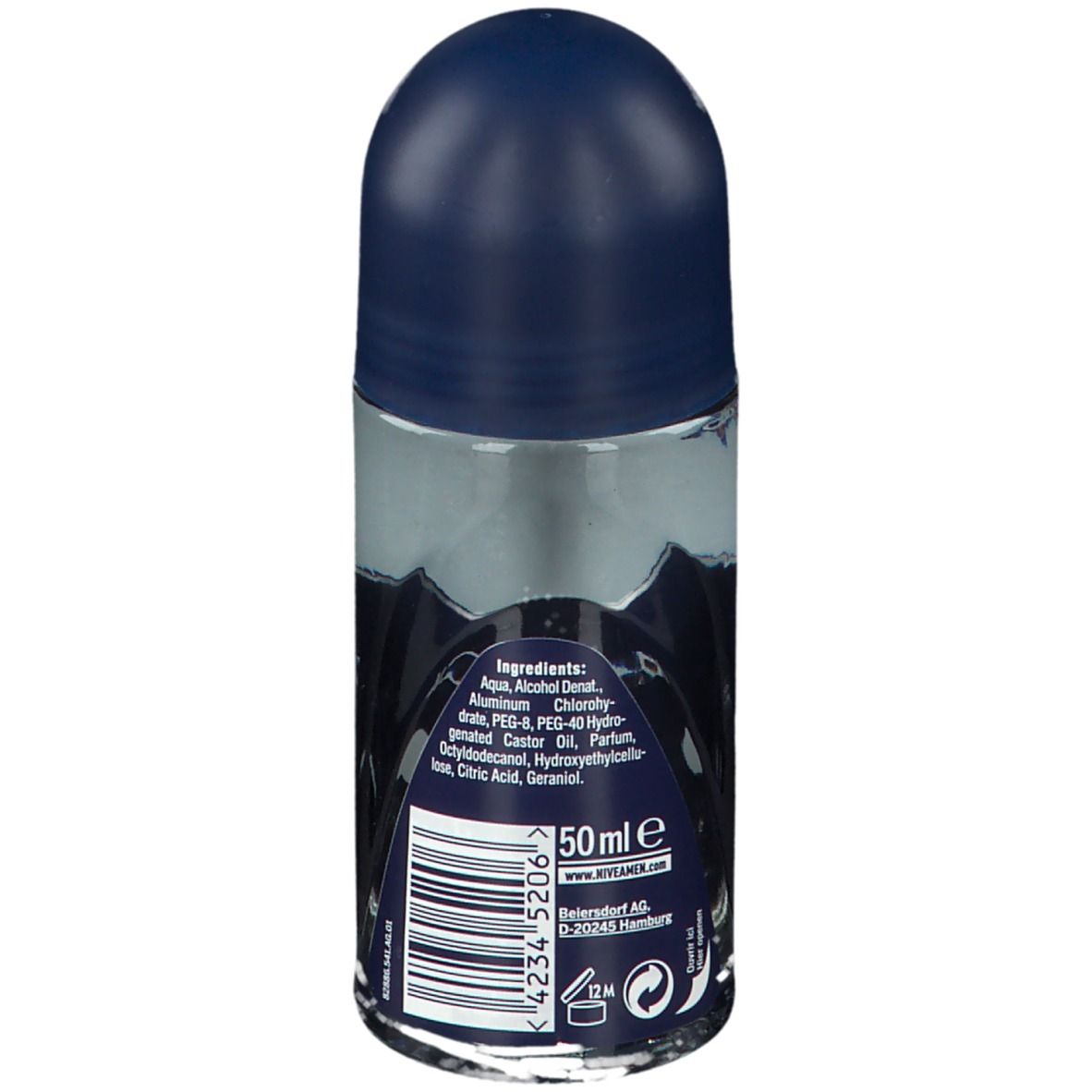 Dos du roll-on. Contient des ingrédients. 50ml. Code-barres et informations fabricant.