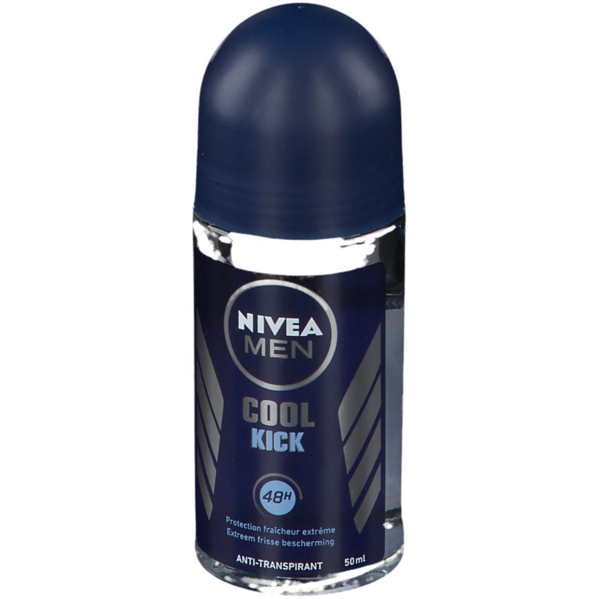Roll-on avec bouchon bleu. Inscription: NIVEA MEN COOL KICK, protection 48H. 50ml. Anti-transpirant.