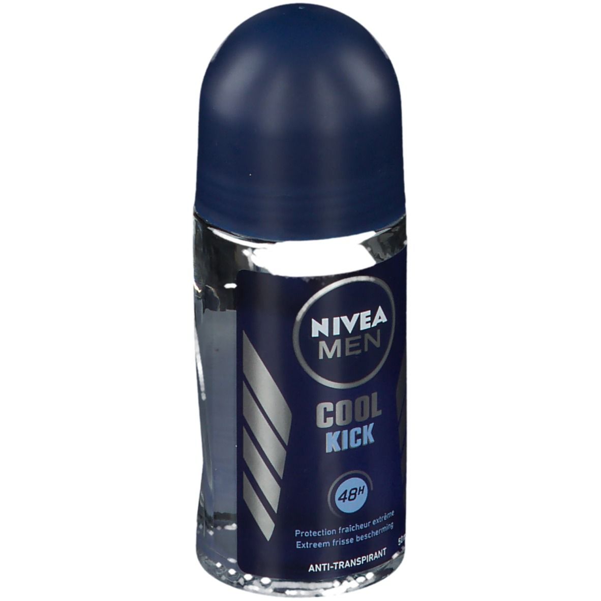 Roll-on avec bouchon bleu. Inscription: NIVEA MEN COOL KICK, protection 48H. 50ml. Anti-transpirant.