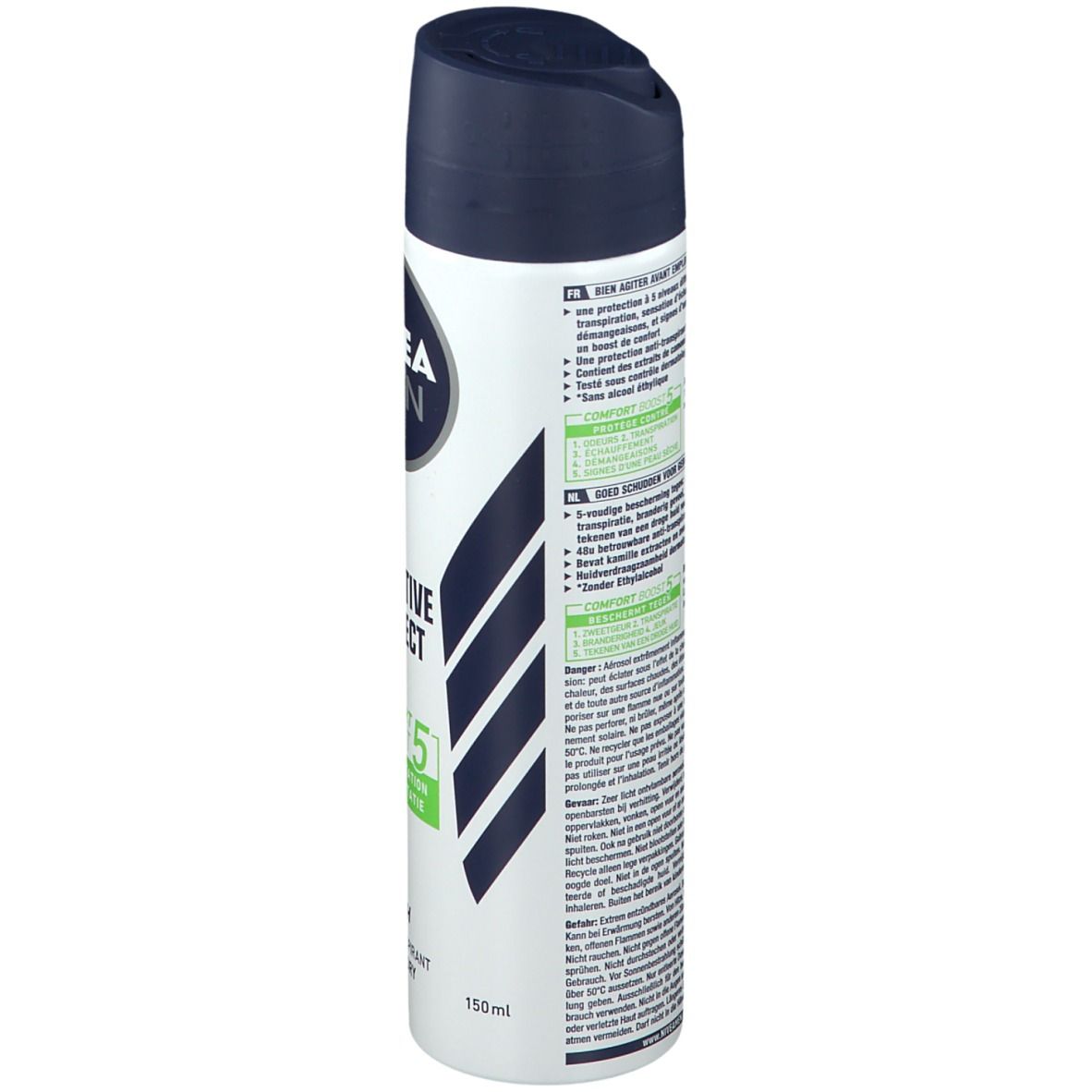 NIVEA MEN Sensitive Protect Deodorant. Rückseite der Dose. Text: Inhaltsstoffe, Anwendungshinweise. 150ml. Warnhinweis.