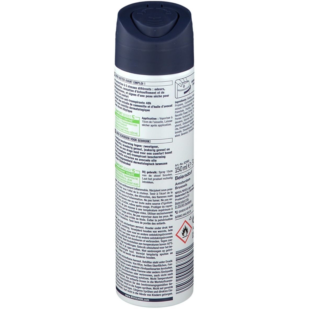 NIVEA MEN Sensitive Protect Deodorant. Rückseite der Dose. Text: Inhaltsstoffe, Anwendungshinweise. 150ml. Warnhinweis.