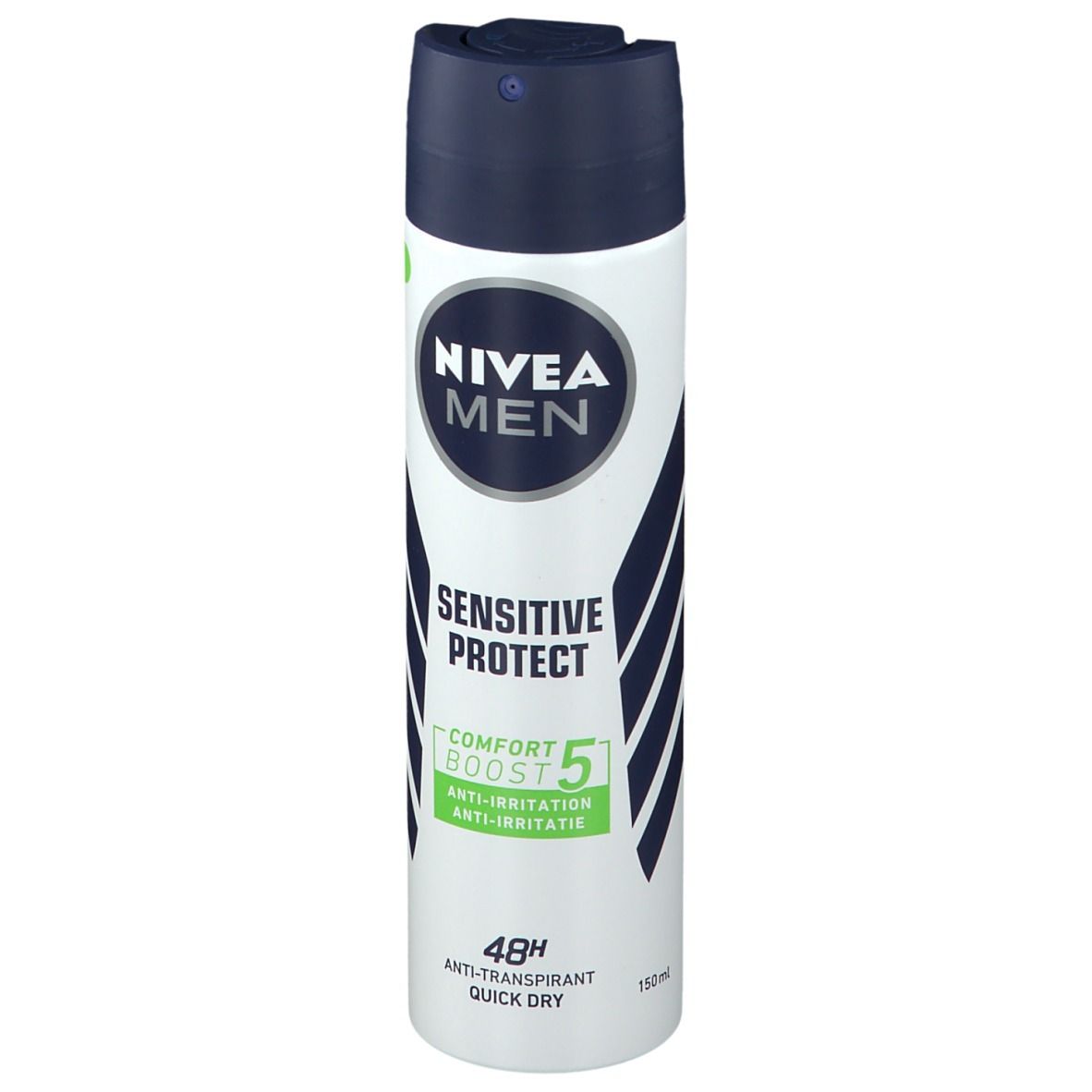 NIVEA MEN Sensitive Protect Deodorant. Weiß-blaue Sprühdose. Text: Sensitive Protect, Comfort Boost 5, 48h Anti-Transpirant.