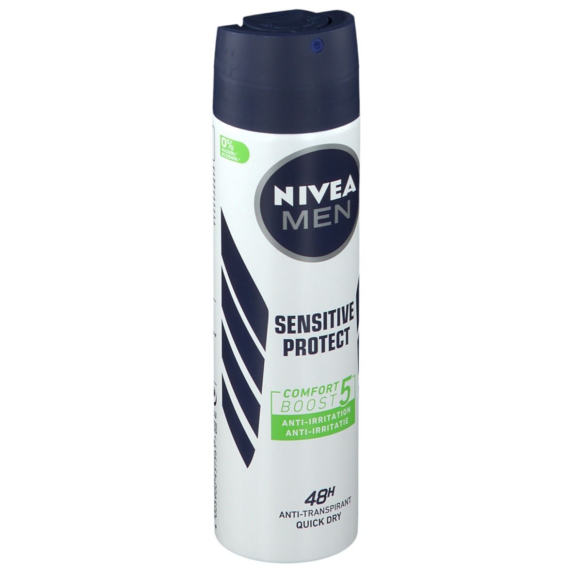 NIVEA MEN Sensitive Protect Deodorant. Weiß-blaue Sprühdose. Text: Sensitive Protect, Comfort Boost 5, 48h Anti-Transpirant.