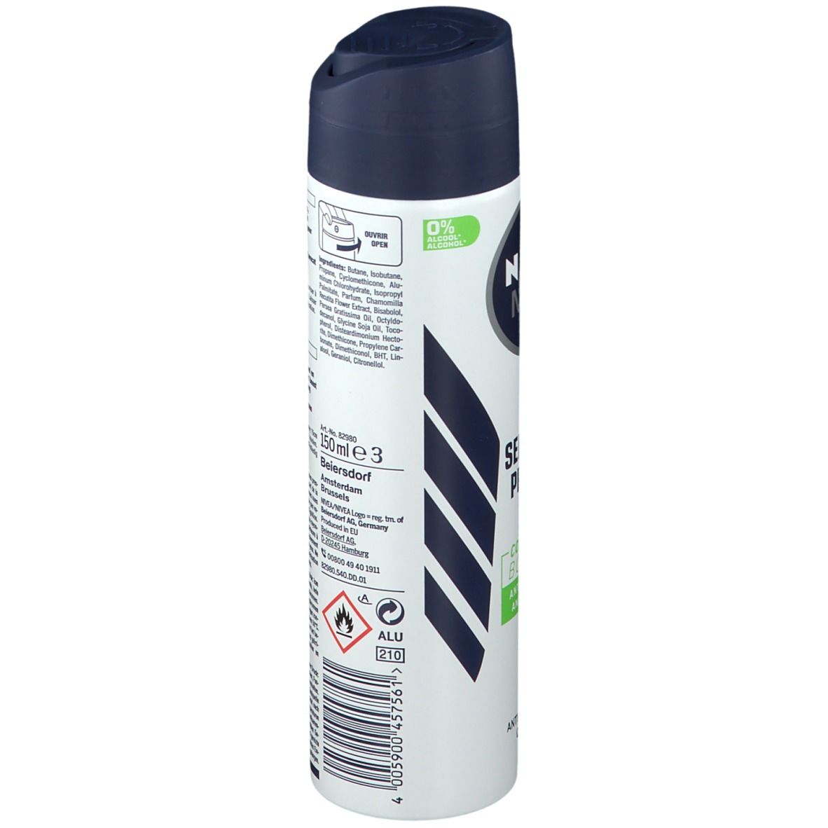 NIVEA MEN Sensitive Protect Deodorant. Rückseite der Dose. Text: Inhaltsstoffe, Anwendungshinweise. 150ml. Warnhinweis.
