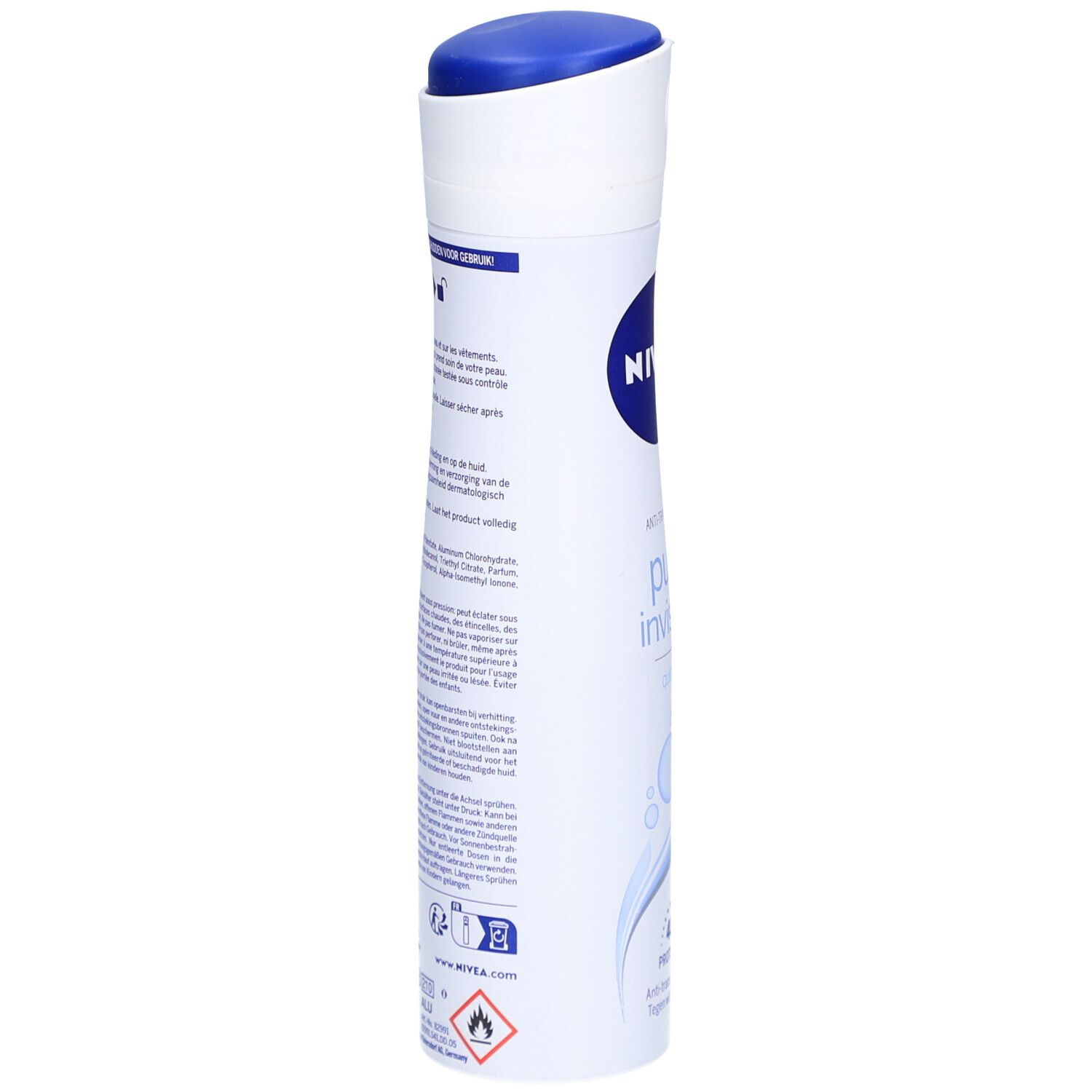 Spray blanc avec bouchon bleu. Texte sur le côté. Informations produit et avertissements.