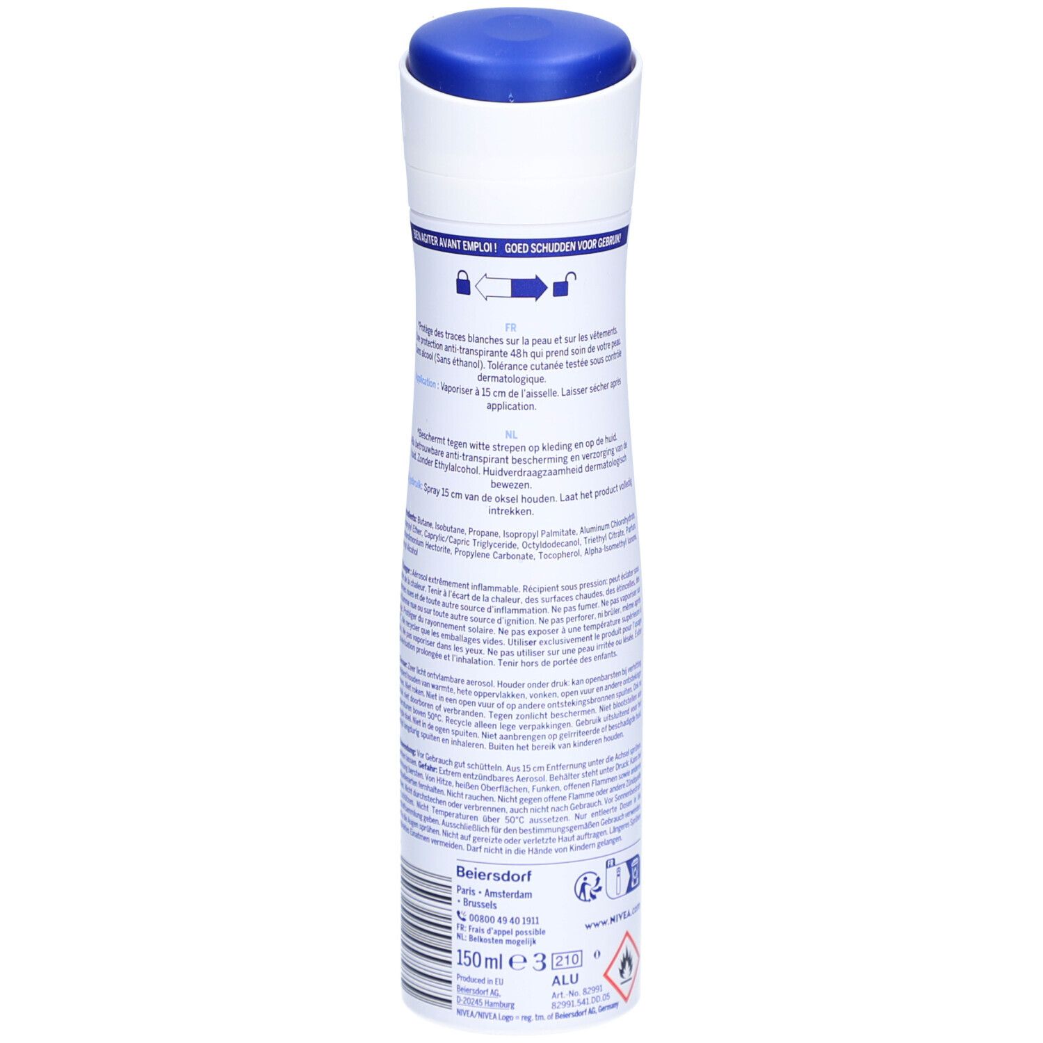 Dos du spray blanc avec bouchon bleu. Informations produit, ingrédients et avertissements.