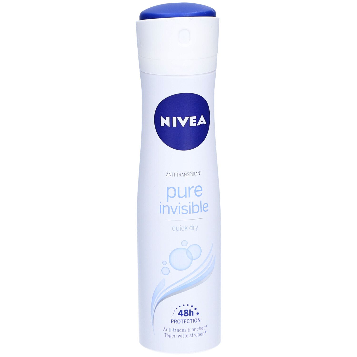 Spray blanc avec bouchon bleu. Inscription NIVEA, puis 'pure invisible'. Protection 48h. Anti-traces.