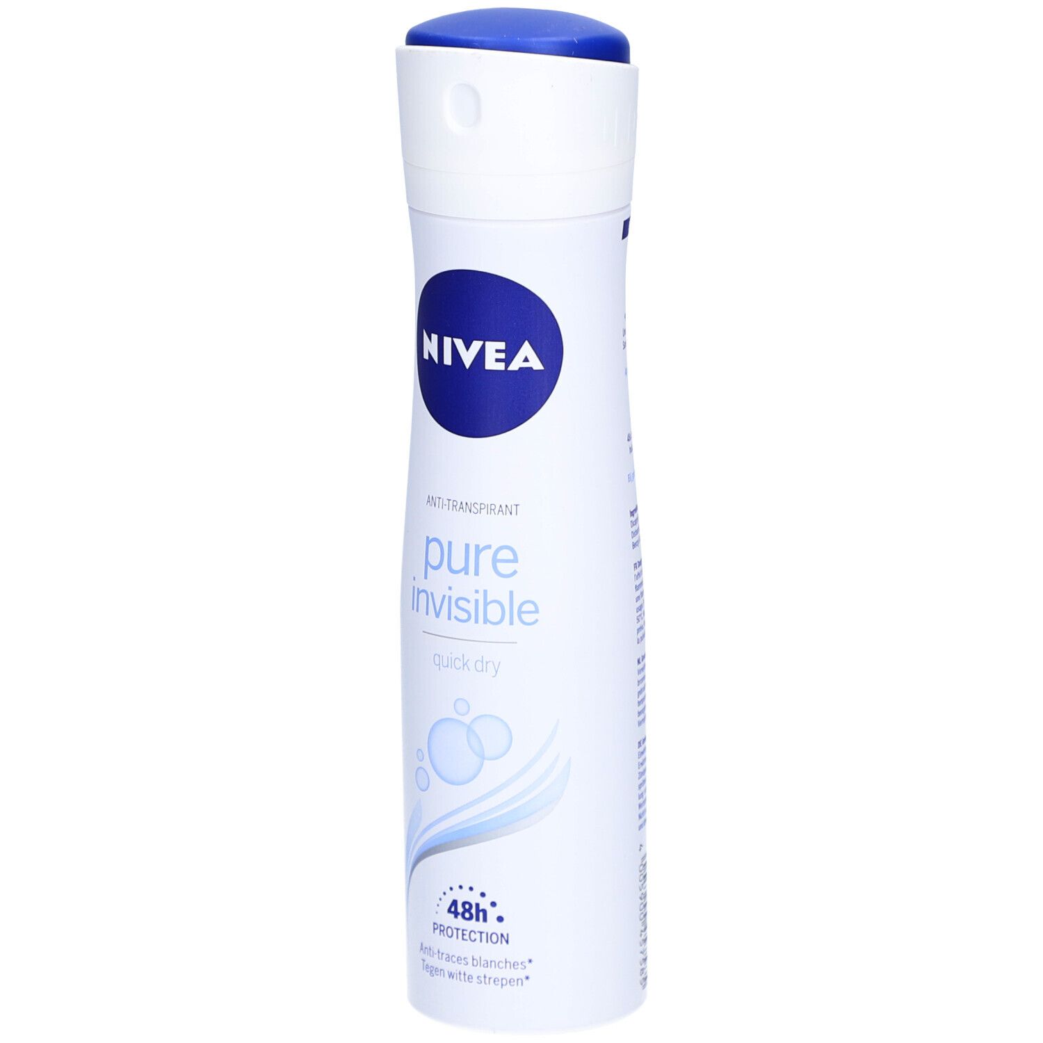 Spray blanc avec bouchon bleu. Inscription NIVEA, puis 'pure invisible'. Protection 48h. Anti-traces.