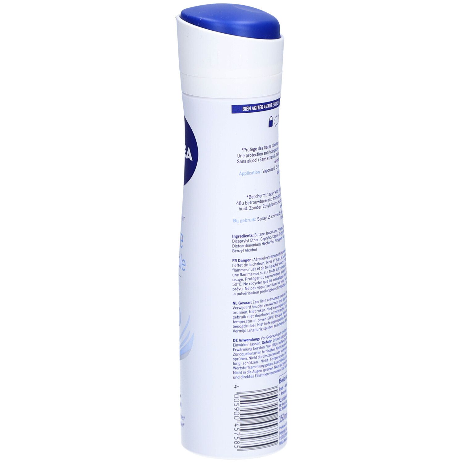 Spray blanc avec bouchon bleu. Texte sur le côté. Informations produit et avertissements.
