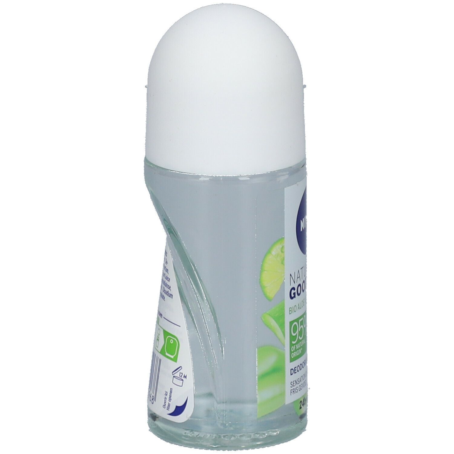 Roll-On-Deodorant, seitliche Ansicht. Aufschrift: NIVEA, Naturally Good, Bio Aloe Vera, 95% natürlichen Ursprungs. Transparente Flasche.