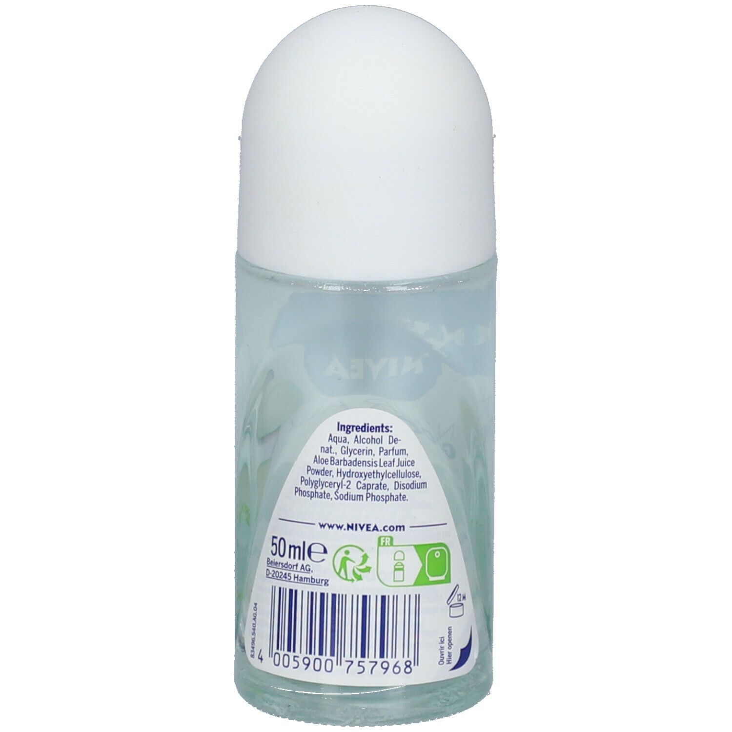 Rückseite des Roll-On-Deodorants. Zutatenliste, 50 ml, Barcode. NIVEA-Logo. Recycling-Symbole.