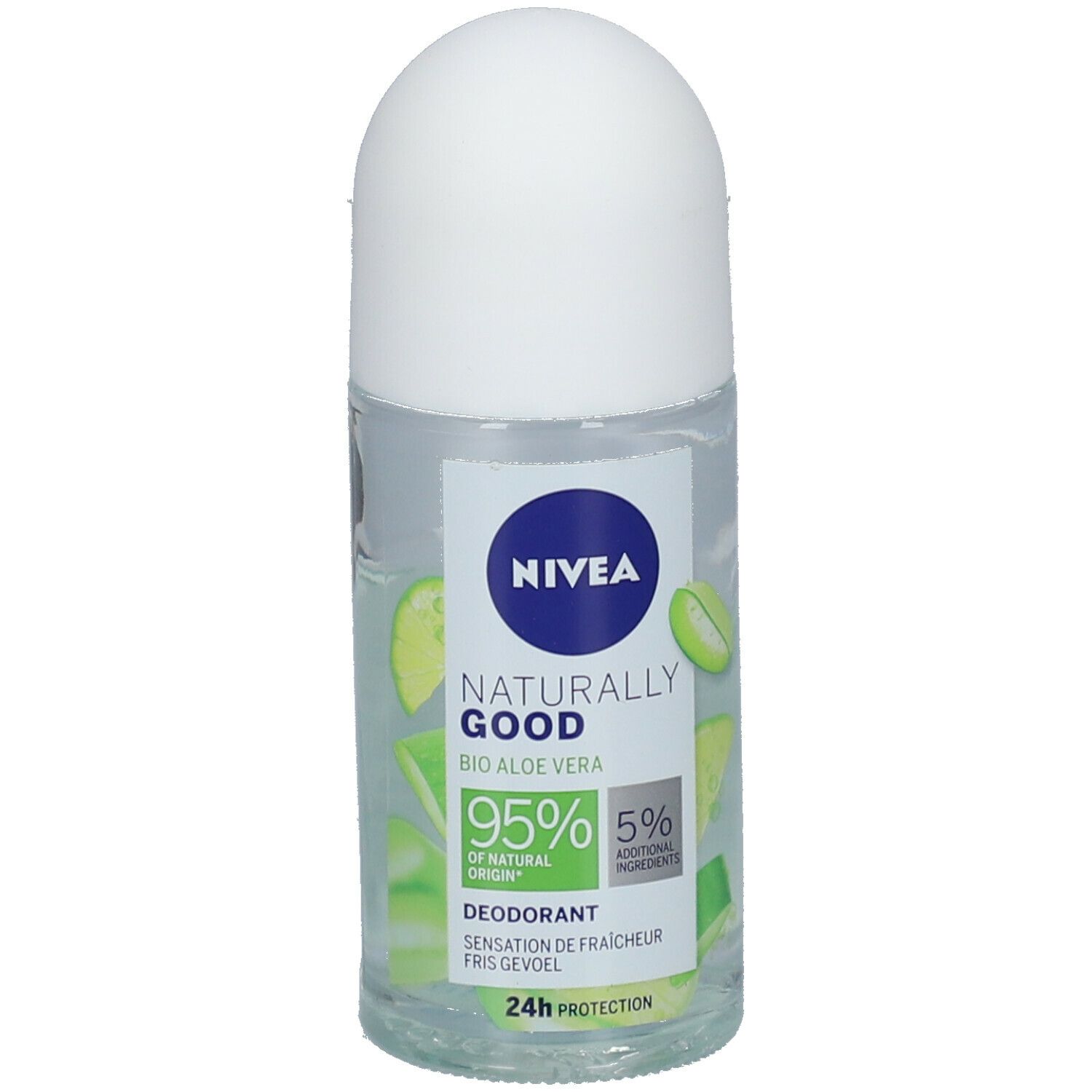 Roll-On-Deodorant mit weißem Deckel. Aufschrift: NIVEA, Naturally Good, Bio Aloe Vera, 95% natürlichen Ursprungs, 24h Schutz.