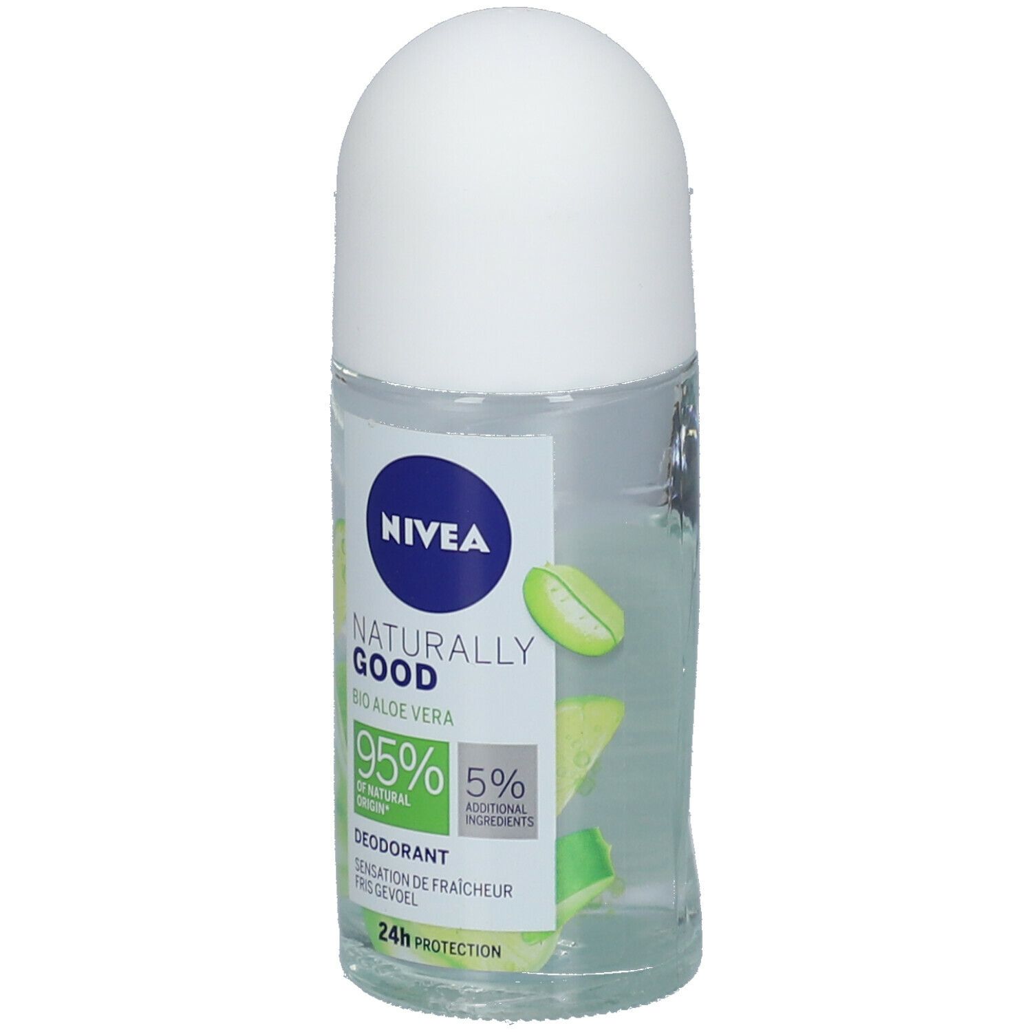 Roll-On-Deodorant mit weißem Deckel. Aufschrift: NIVEA, Naturally Good, Bio Aloe Vera, 95% natürlichen Ursprungs, 24h Schutz.