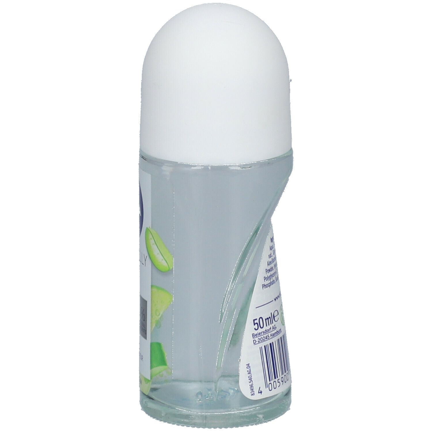 Roll-On-Deodorant, seitliche Ansicht. Aufschrift: NIVEA, Naturally Good, Bio Aloe Vera, 50ml. Transparente Flasche.
