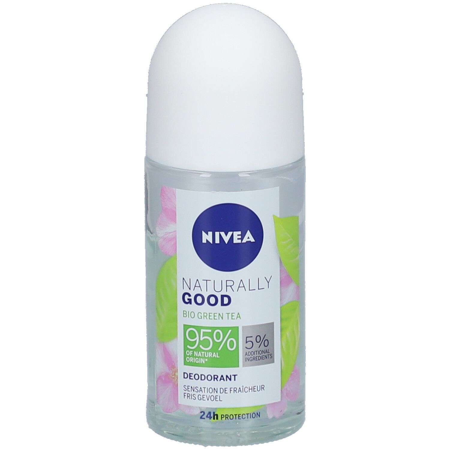 Déodorant roll-on avec bouchon blanc. Inscription : NIVEA, Naturally Good, Bio Green Tea, 95% d'origine naturelle.