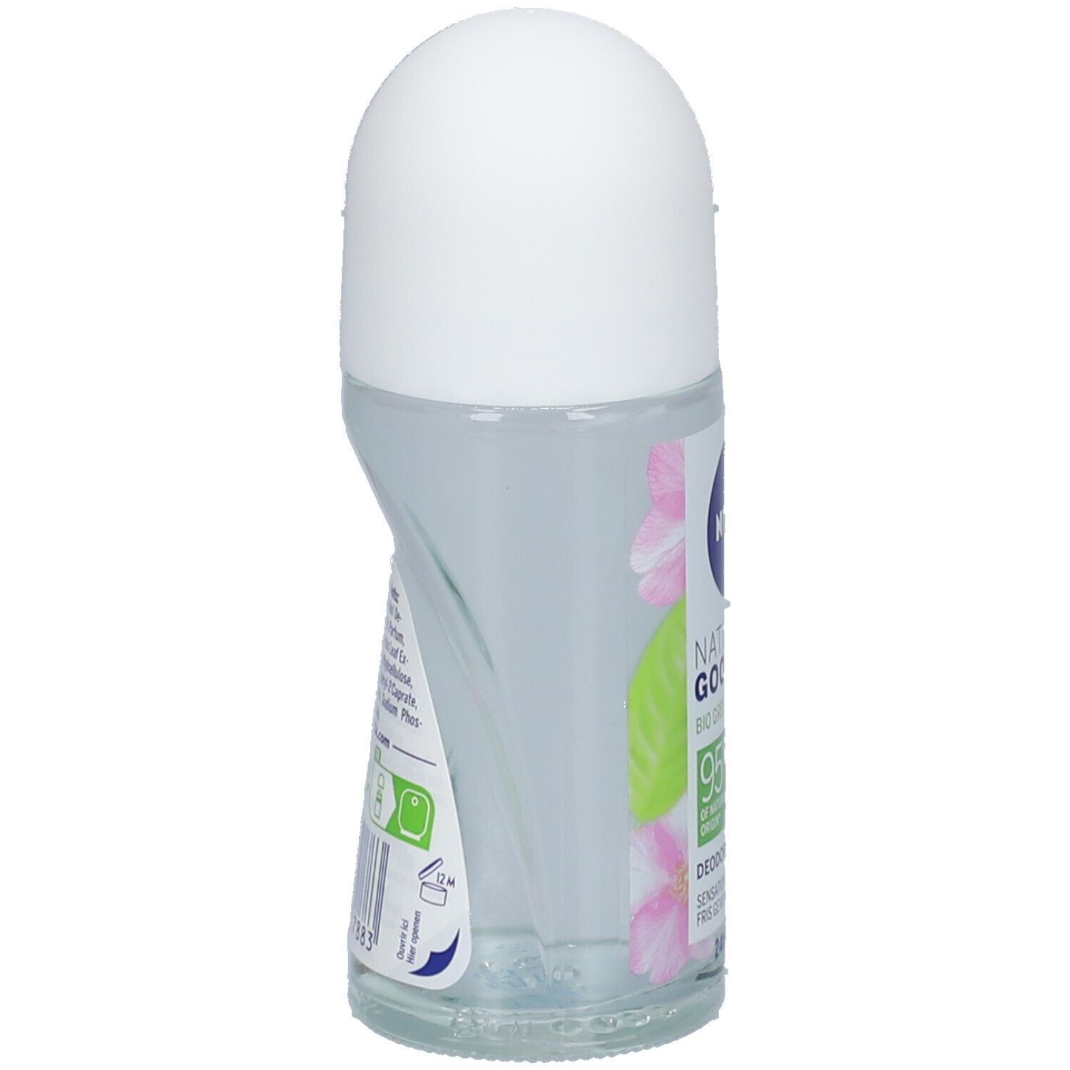 Vue latérale du déodorant roll-on. Bouchon blanc, flacon transparent. Inscription : NIVEA, Naturally Good, Bio Green Tea.