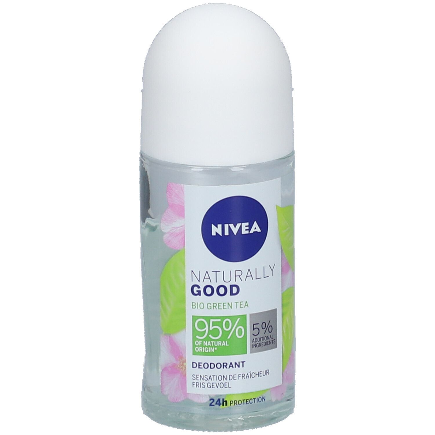 Déodorant roll-on avec bouchon blanc. Inscription : NIVEA, Naturally Good, Bio Green Tea, 95% d'origine naturelle, Déodorant.