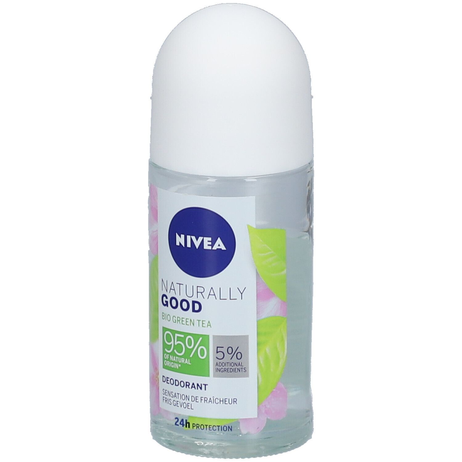 Déodorant roll-on avec bouchon blanc. Inscription : NIVEA, Naturally Good, Bio Green Tea, 95% d'origine naturelle, Déodorant.