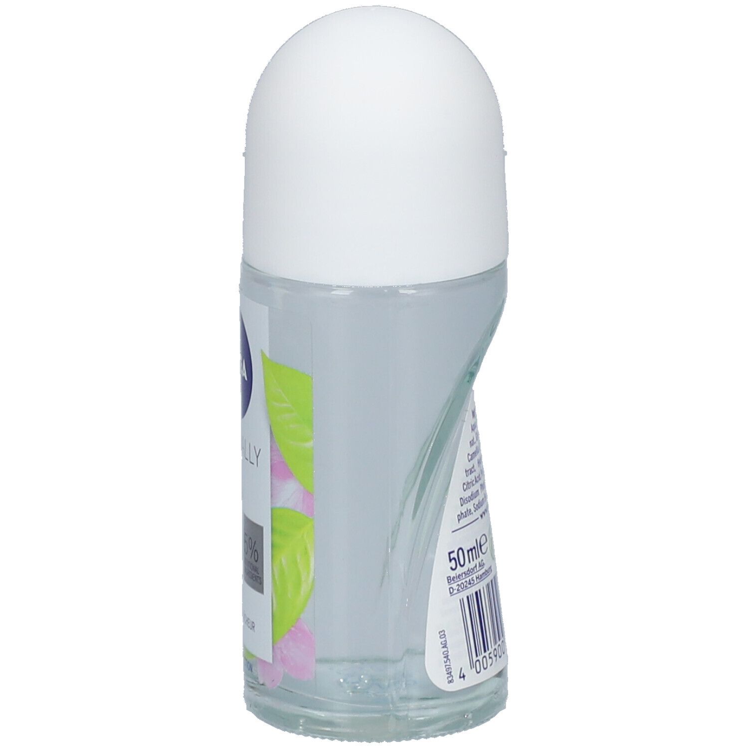 Vue latérale du déodorant roll-on. Bouchon blanc, flacon transparent. Inscription : NIVEA, Naturally Good, 50ml.