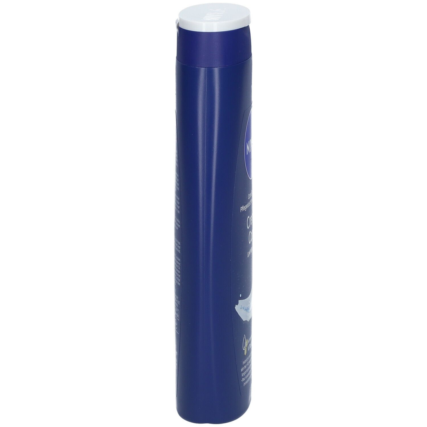 Blauwe fles NIVEA Creme Care douchegel. Witte dop. Zijaanzicht. Tekst op de fles.