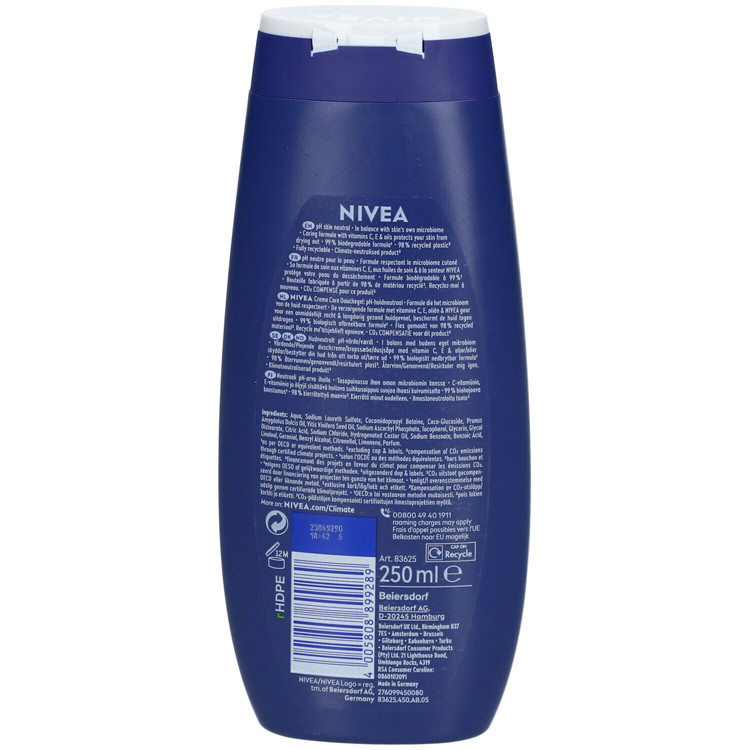 Achterkant van de blauwe fles NIVEA Creme Care douchegel. Tekst met ingrediënten en informatie. 250 ml.