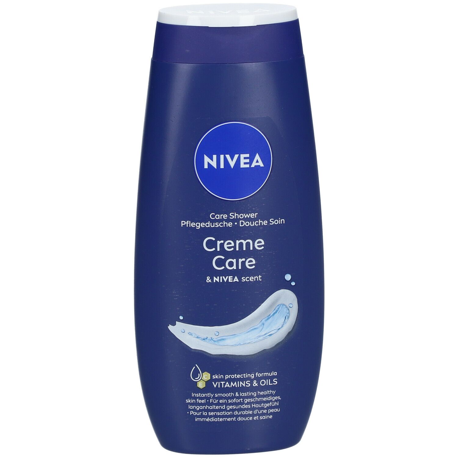 Blauwe fles NIVEA Creme Care douchegel. Witte dop. Opschrift: Creme Care & NIVEA scent. Bevat vitaminen & oliën.