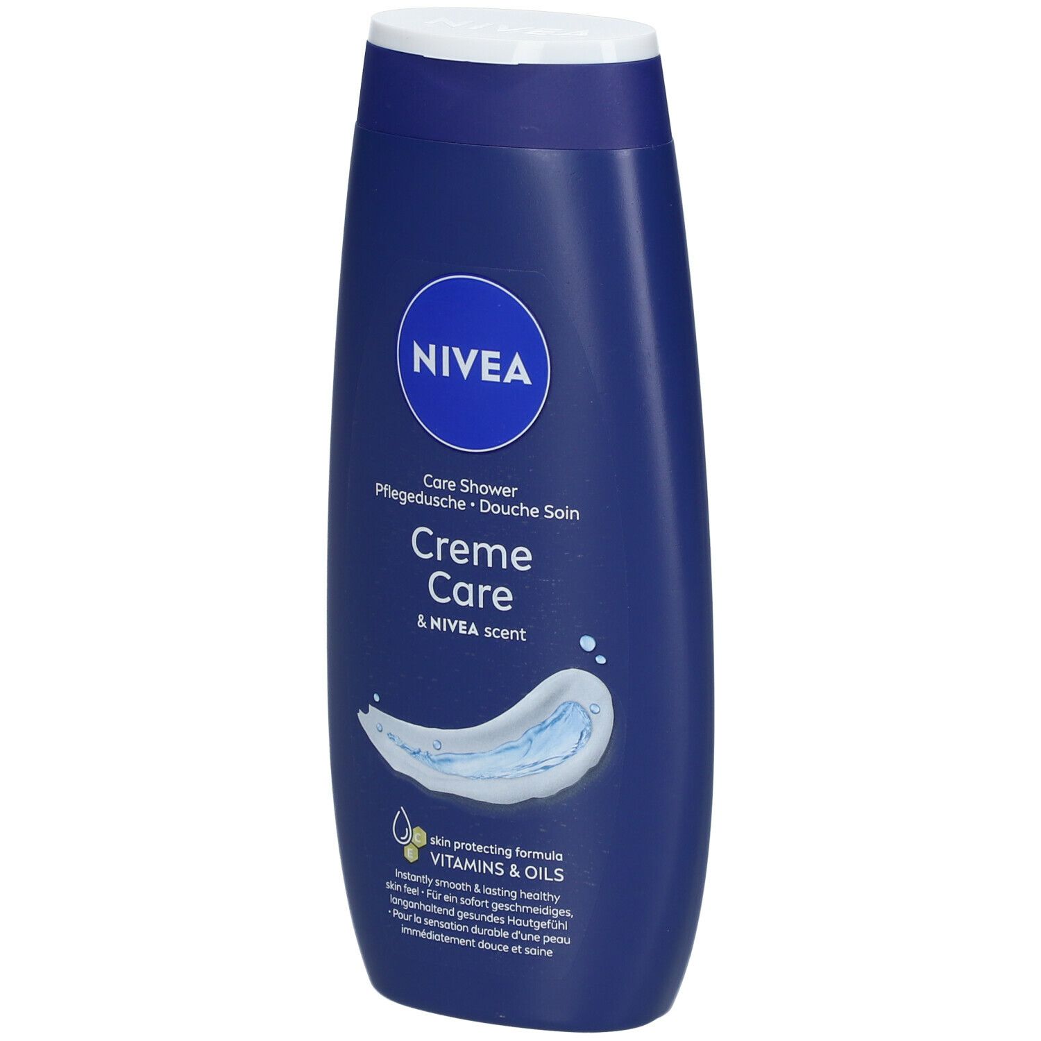 Blauwe fles NIVEA Creme Care douchegel. Witte dop. Opschrift: Creme Care & NIVEA scent. Bevat vitaminen & oliën.