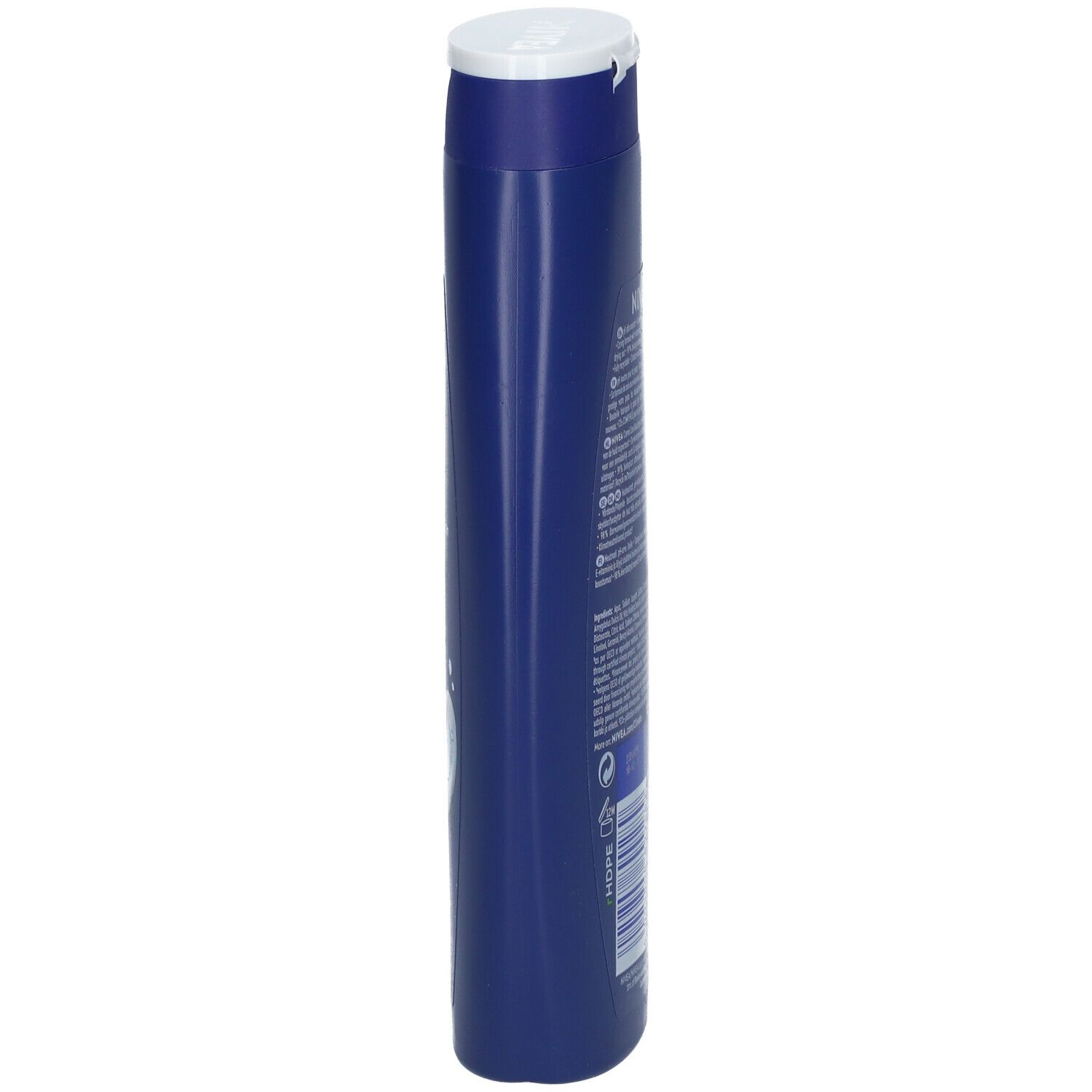 Blauwe fles NIVEA Creme Care douchegel. Witte dop. Zijaanzicht. Tekst op de fles.