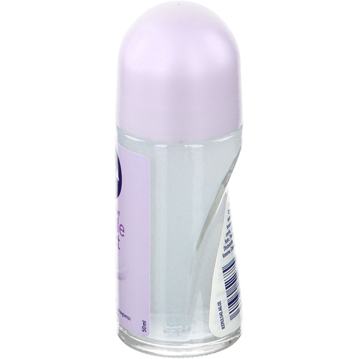 Roll-on NIVEA® Double Effect, vue latérale. Bouchon lilas, flacon transparent. Étiquette avec informations et code-barres.