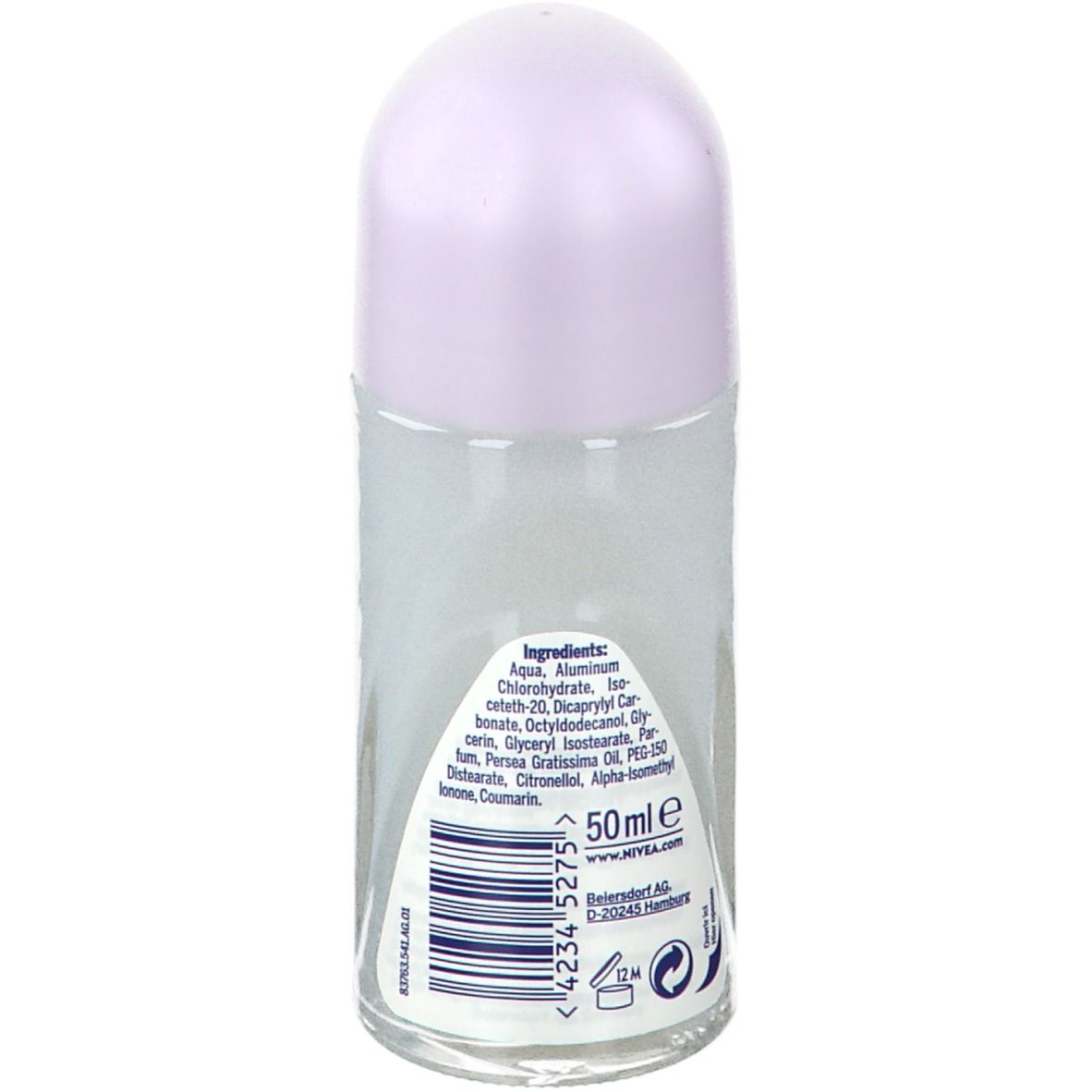 Roll-on NIVEA® Double Effect, vue arrière. Flacon transparent avec ingrédients et code-barres. 50ml.