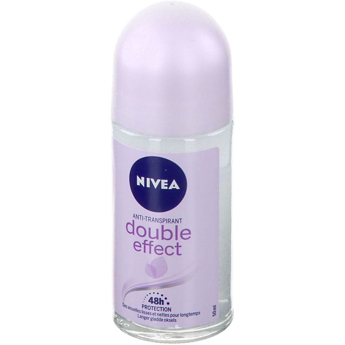 Roll-on NIVEA® Double Effect. Bouchon lilas, flacon transparent. Étiquette bleue avec nom et logo du produit. Protection 48h.