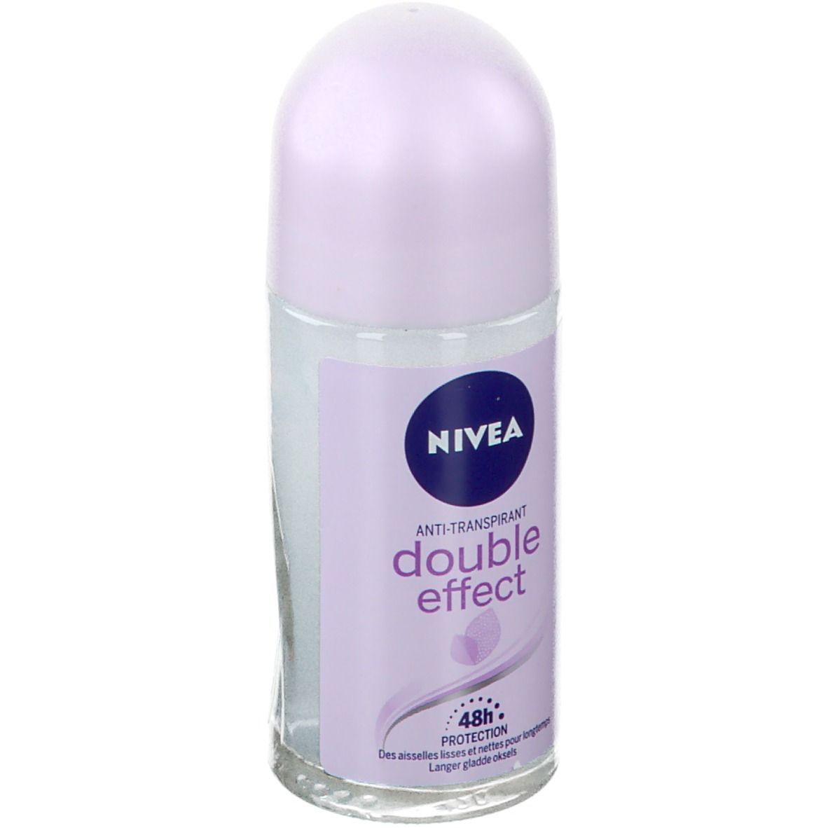 Roll-on NIVEA® Double Effect. Bouchon lilas, flacon transparent. Étiquette bleue avec nom et logo du produit. Protection 48h.