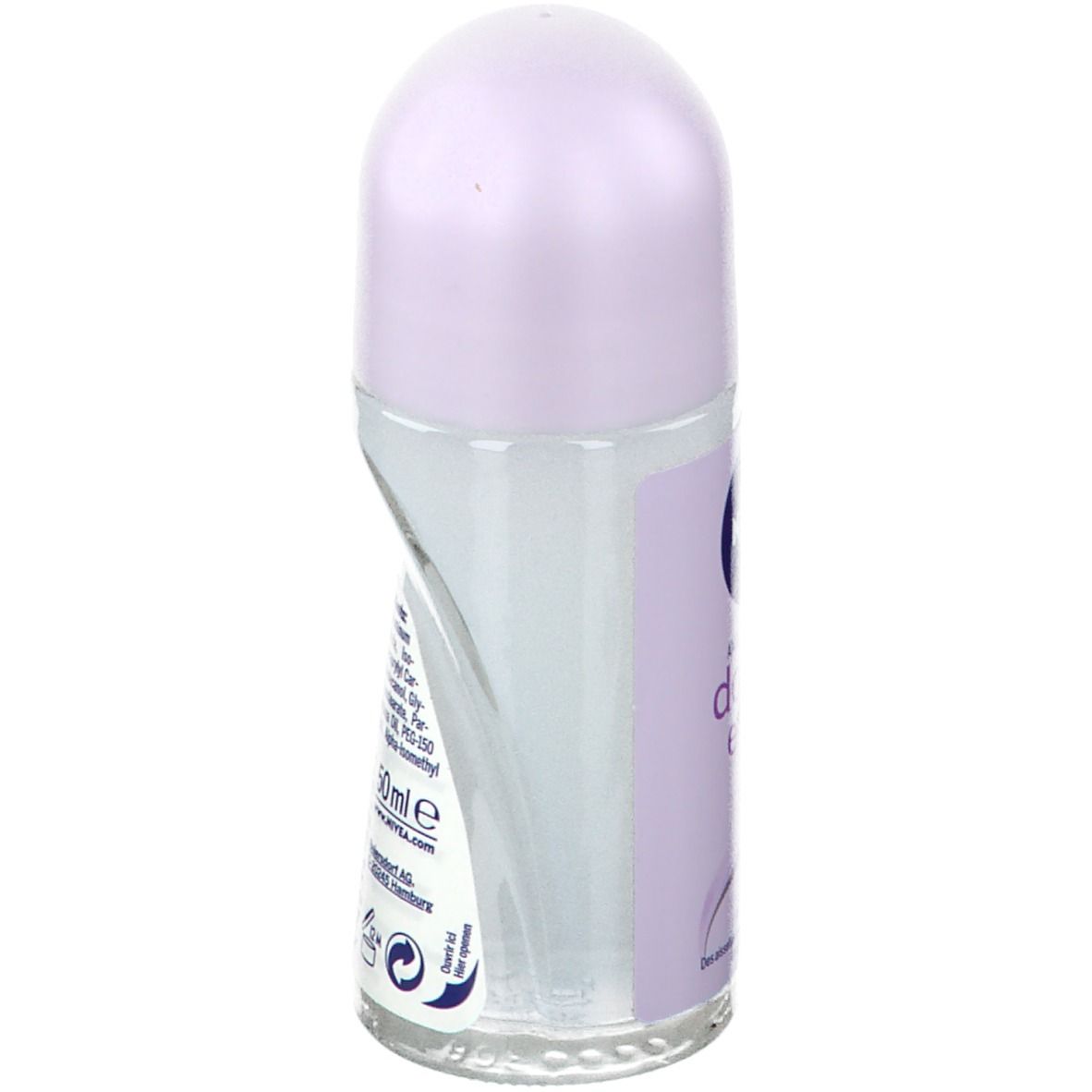 Roll-on NIVEA® Double Effect, vue latérale. Bouchon lilas, flacon transparent. Étiquette avec informations et code-barres. 50ml.