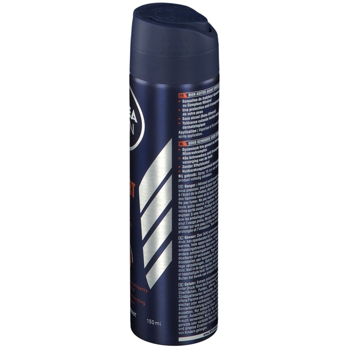 Donkerblauwe spuitfles. Tekst in meerdere talen aan de zijkant. 150ml-aanduiding. Productinformatie.