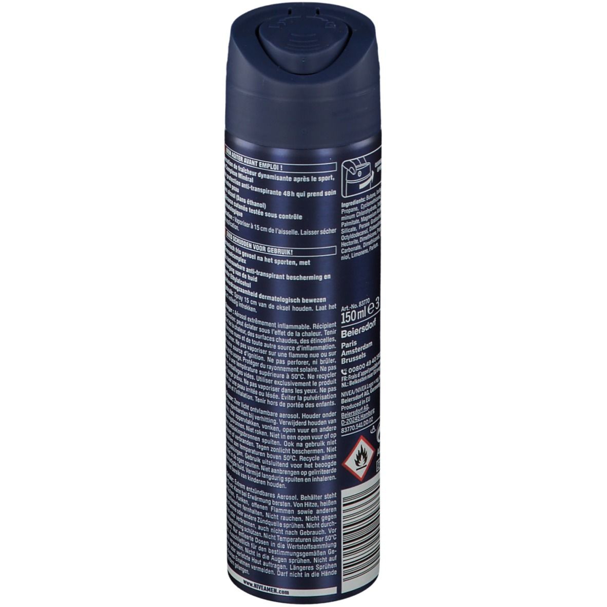 Donkerblauwe spuitfles. Tekst in meerdere talen. 150ml-aanduiding. Waarschuwingen en pictogrammen.